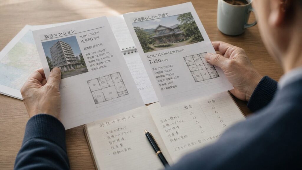 2つの住まい資料を見比べて迷う手元の様子