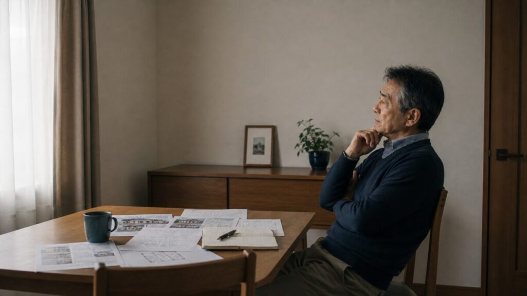 机に資料を残したまま考え込む男性の全体像