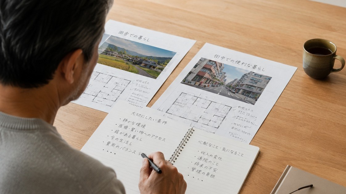 住まい資料を比較しながら考え込む60代男性