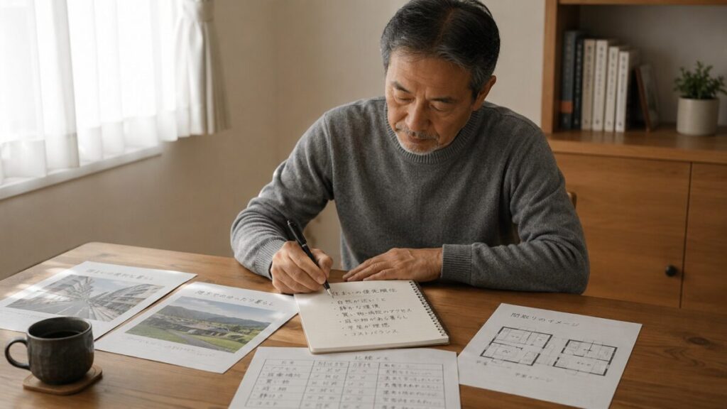 ノートに住まい条件を書き出す60代男性