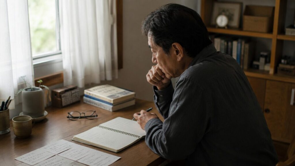 やりたいことを書こうとして止まる男性