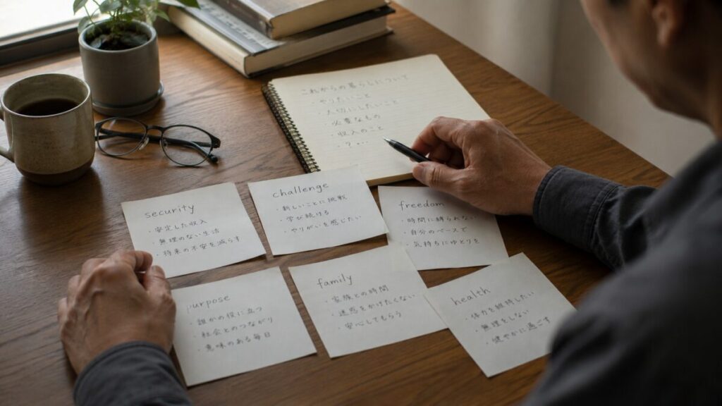 複数メモを見比べて止まる手元
