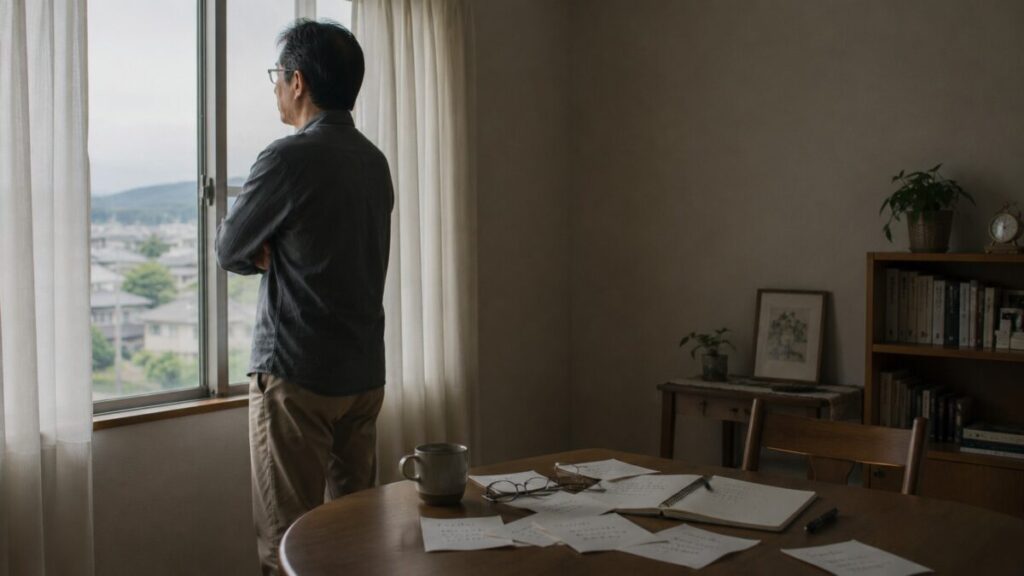 窓の外を見ながら考え込む60代男性