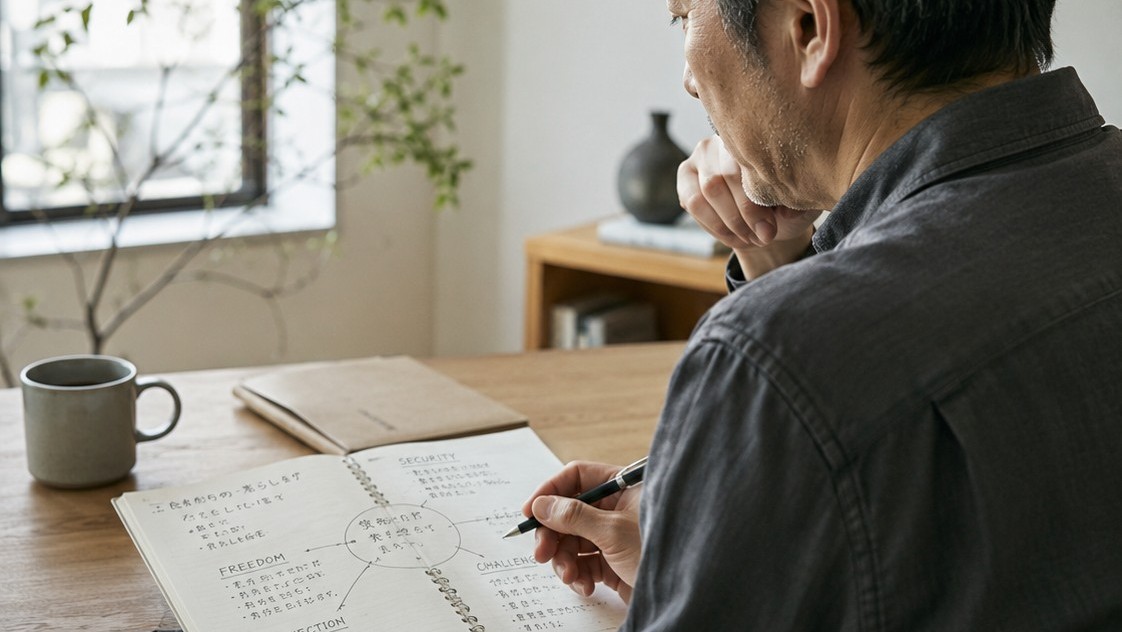 優先順位を書き出しながら整理する60代男性