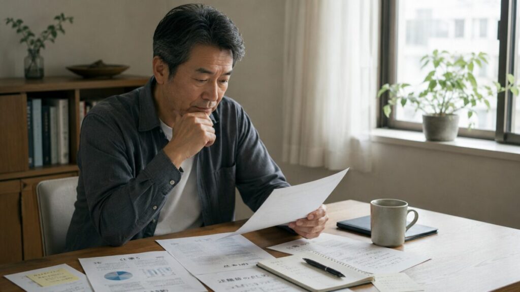 情報を見比べながら考え込むセミシニア男性