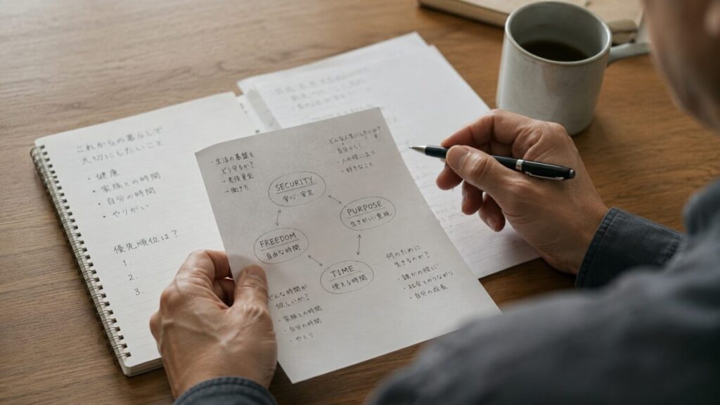 複数の価値観を書いたメモを比較する手元