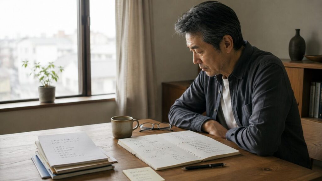 整理途中のノートを前に静かに考える男性