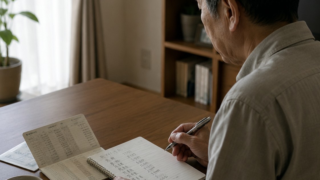 通帳と生活費メモを前に手が止まる60代男性