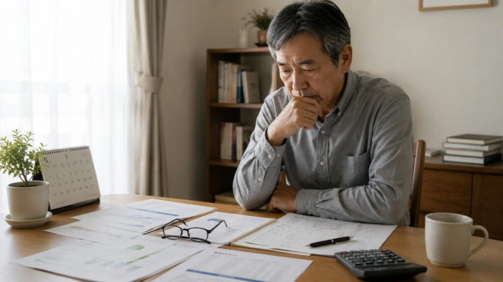 老後資金を考えながら迷う60代男性の姿