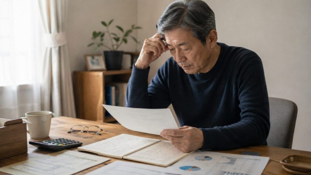 資料を見ながら老後資産を整理する男性