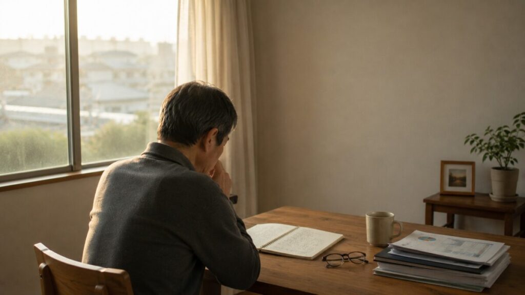 窓際で老後の暮らしを静かに考える男性