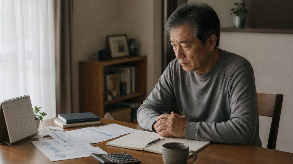 仕事の資料を前に考え込む60代男性