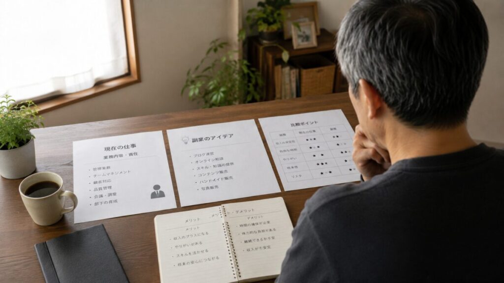 副業案と現在の仕事を比較しながら考える男性