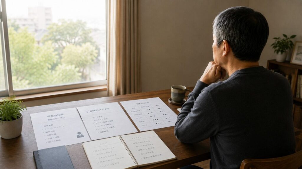 整理した資料を見ながら静かに考える60代男性