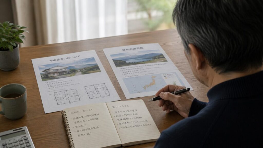 住み替え資料を見比べて止まる手元