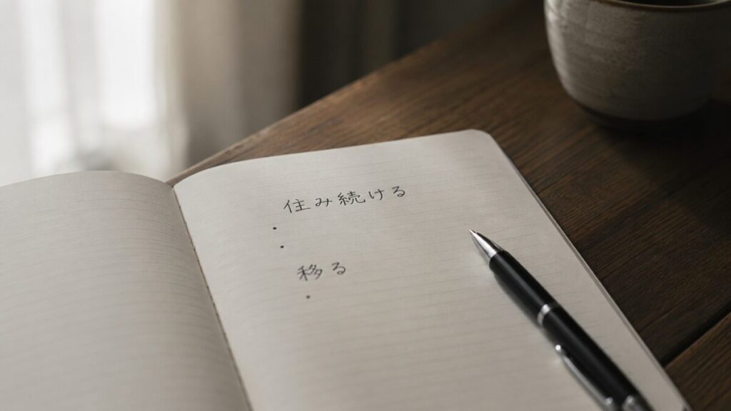 メモに書いたまま止まる「住む・移る」の文字