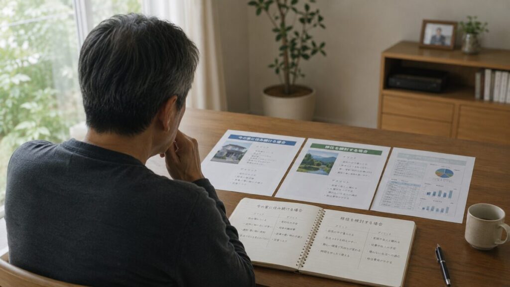 住まいに関する資料を並べて整理する60代男性