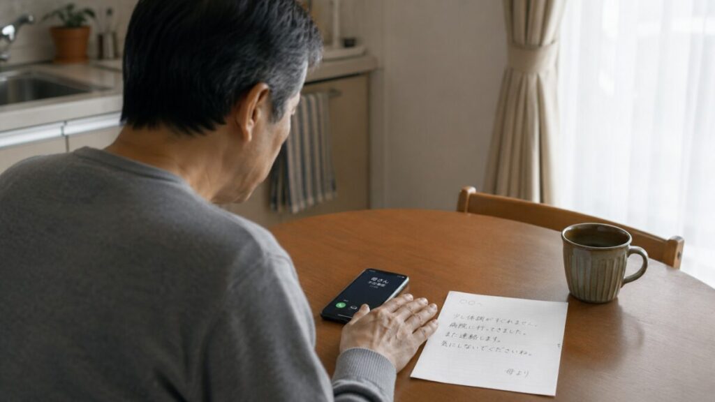 親からの連絡メモを見つめる男性