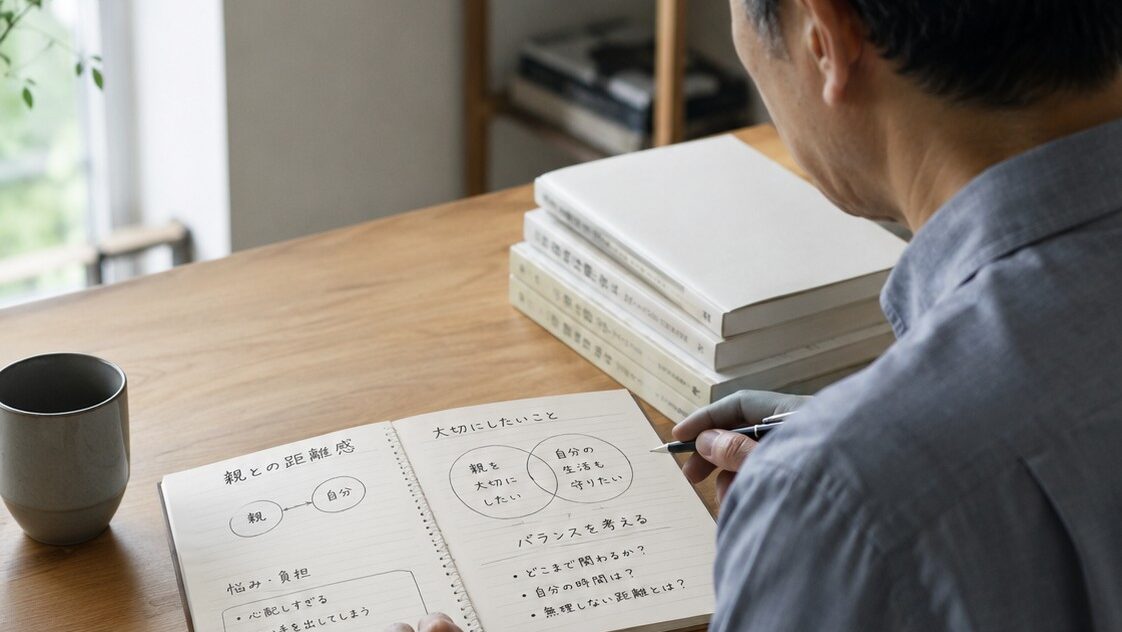 親との距離感についてノートを見ながら整理する60代男性