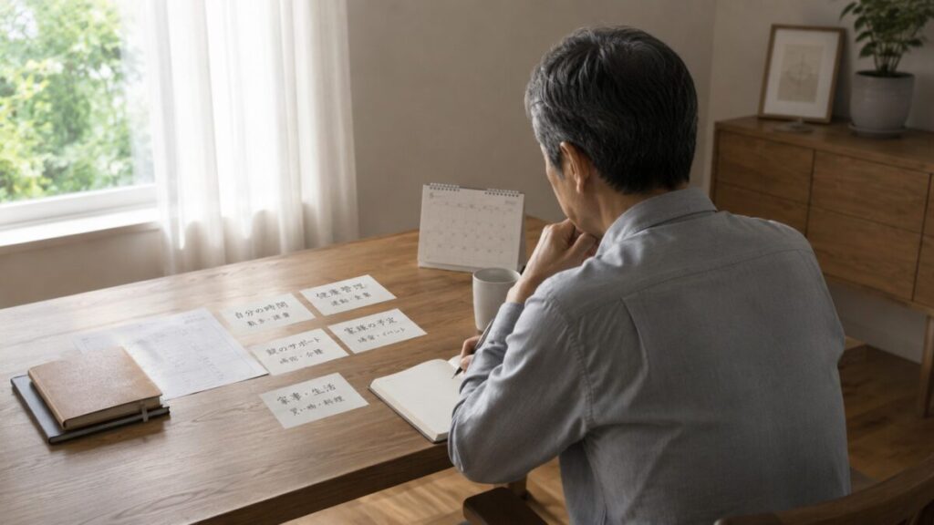 親と自分の予定を見比べながら考える男性