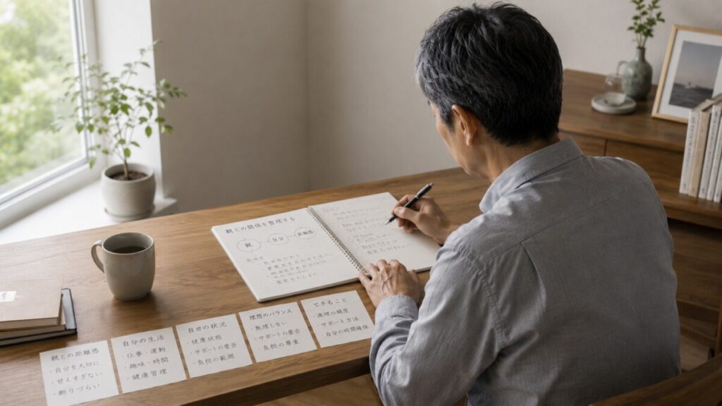 複数の考え方を整理しながらメモを書く60代男性
