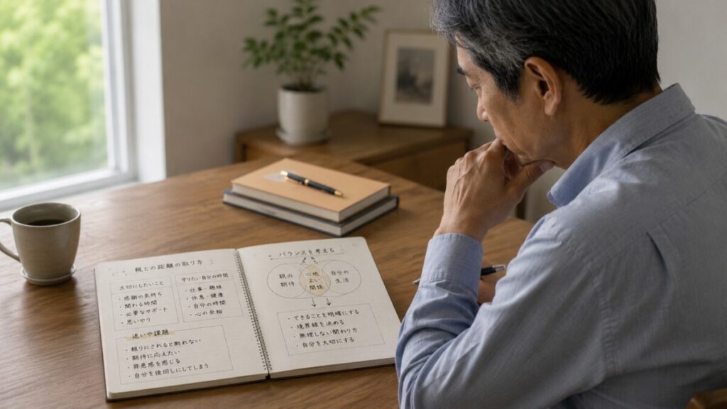 整理したメモを見つめながら考え続ける男性