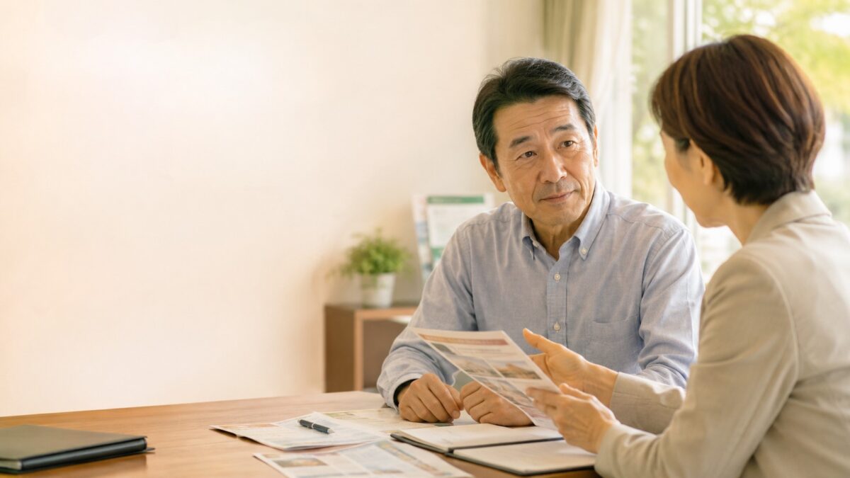 介護相談窓口のテーブルで女性ケアマネジャーから資料を受け取りながら真剣に話を聞いている男性