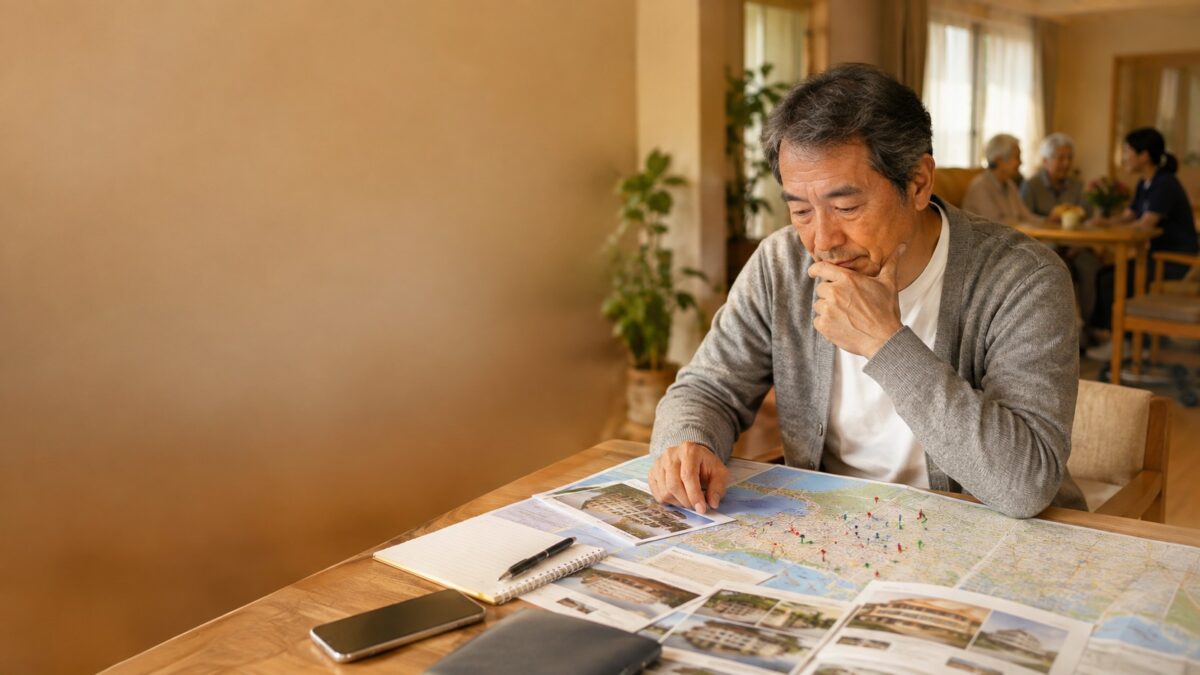 テーブルに広げた介護施設の資料と地図を見ながら静かに考えているシニア男性