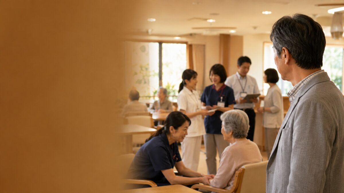 介護士・看護師・ケアマネジャー・相談員が自然に連携している様子を、60代の息子が見学している場面