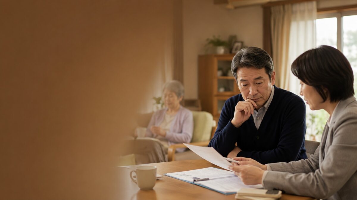 息子が、自宅で暮らす母を気にかけながら、ケアマネジャーと施設入居について相談している場面。